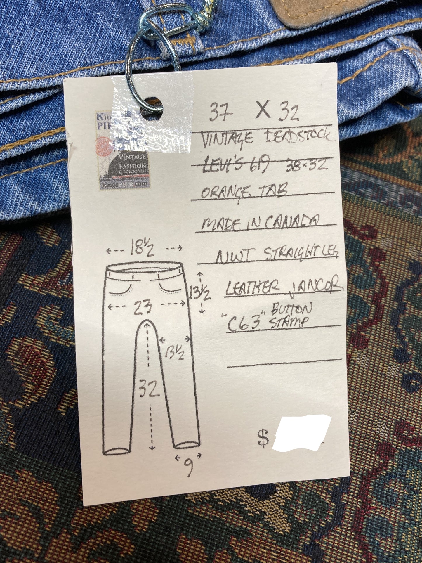 Levi’s 619 Denim Jeans, new with tags Vintage Deadstock Orange Tab High Waist Straight leg Labeled 38”x32” Button stamped “C63” Made in Canada - Kingspier Vintage