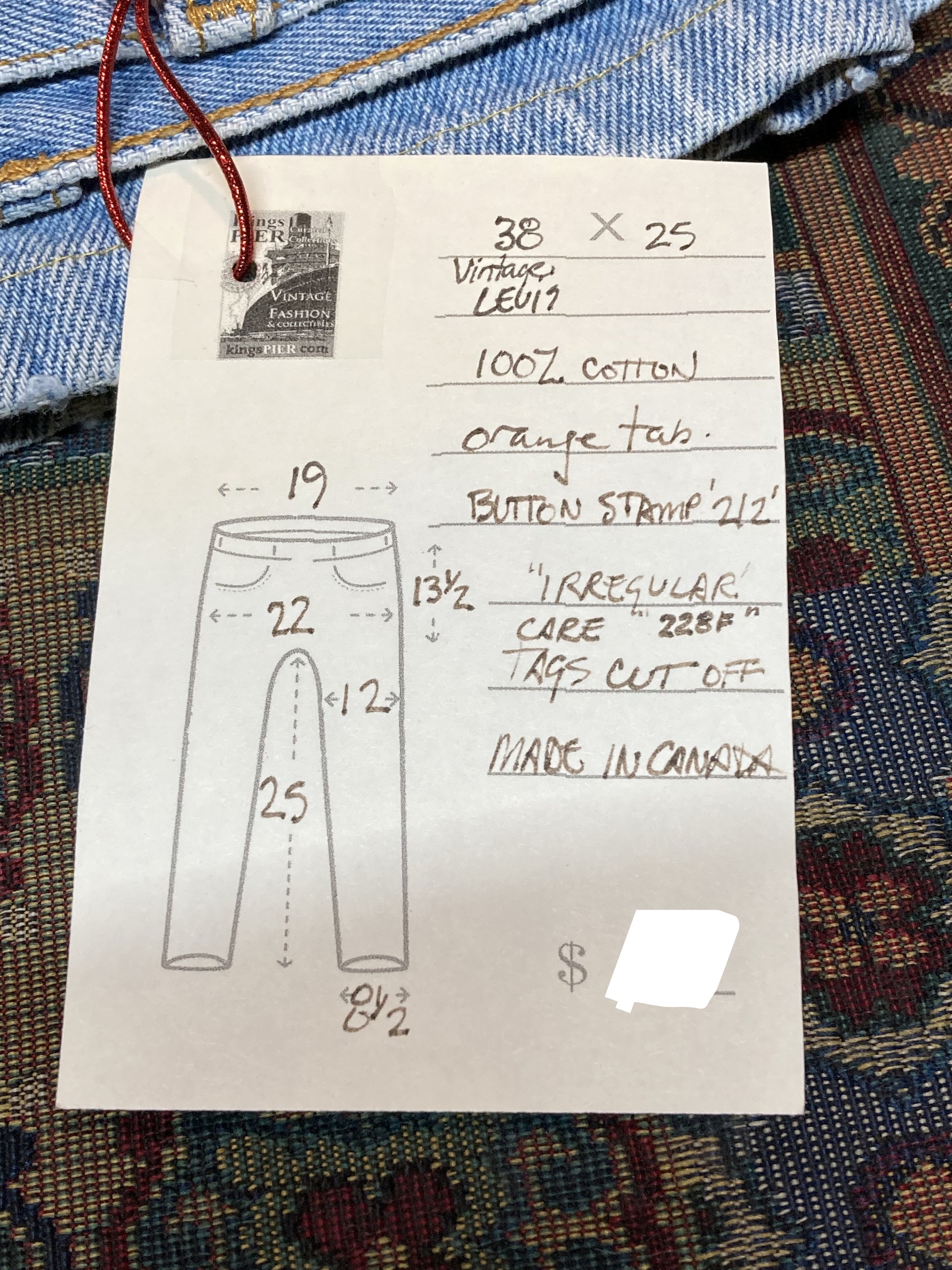 Levi’s Vintage Orange Tab Denim Jeans - 38”x25”, Made in Canada - Kingspier Vintage