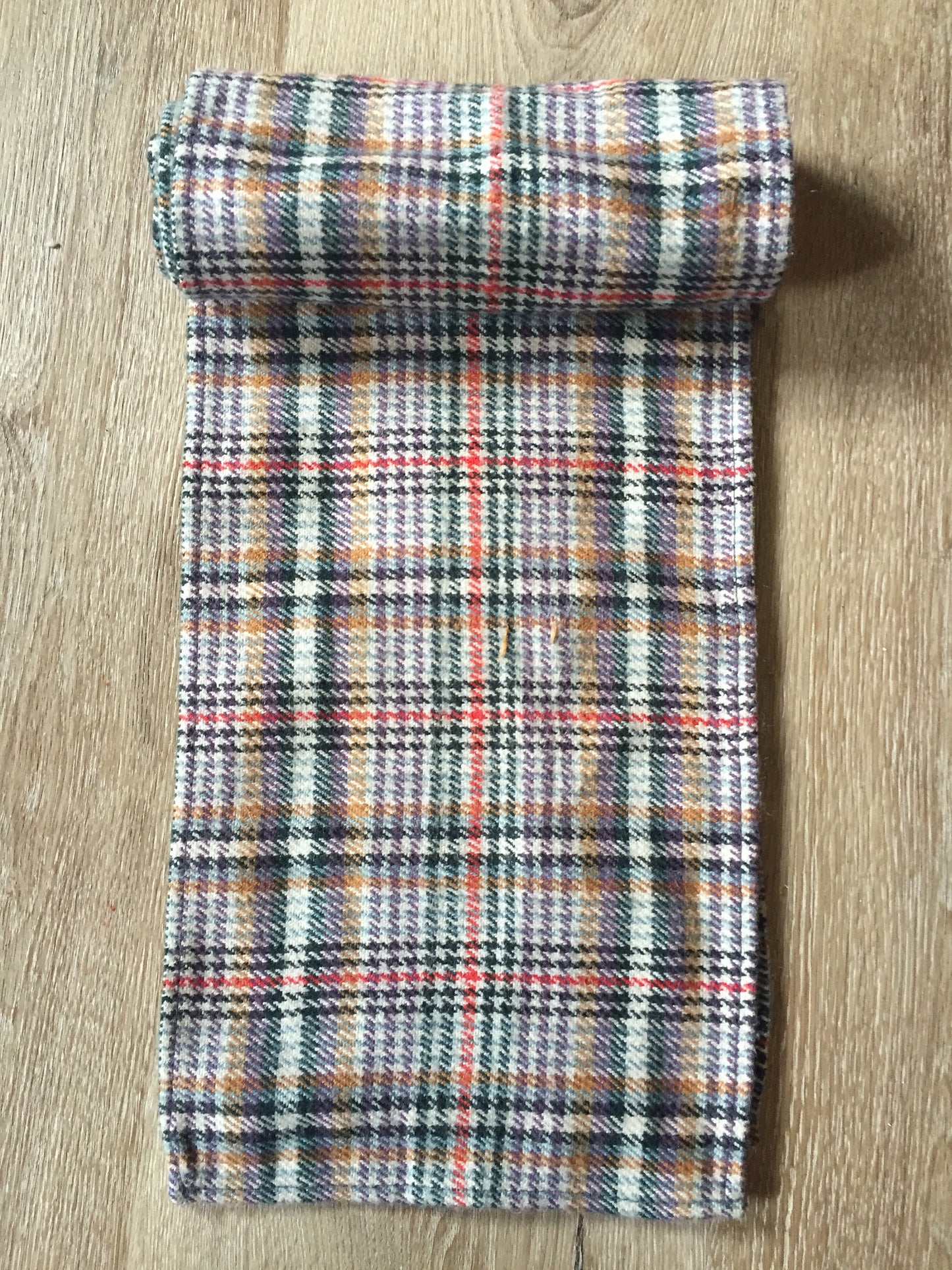 Kingspier Vintage - Multi-coloured plaid scarf. Wool blend, measures 7x56 inches.