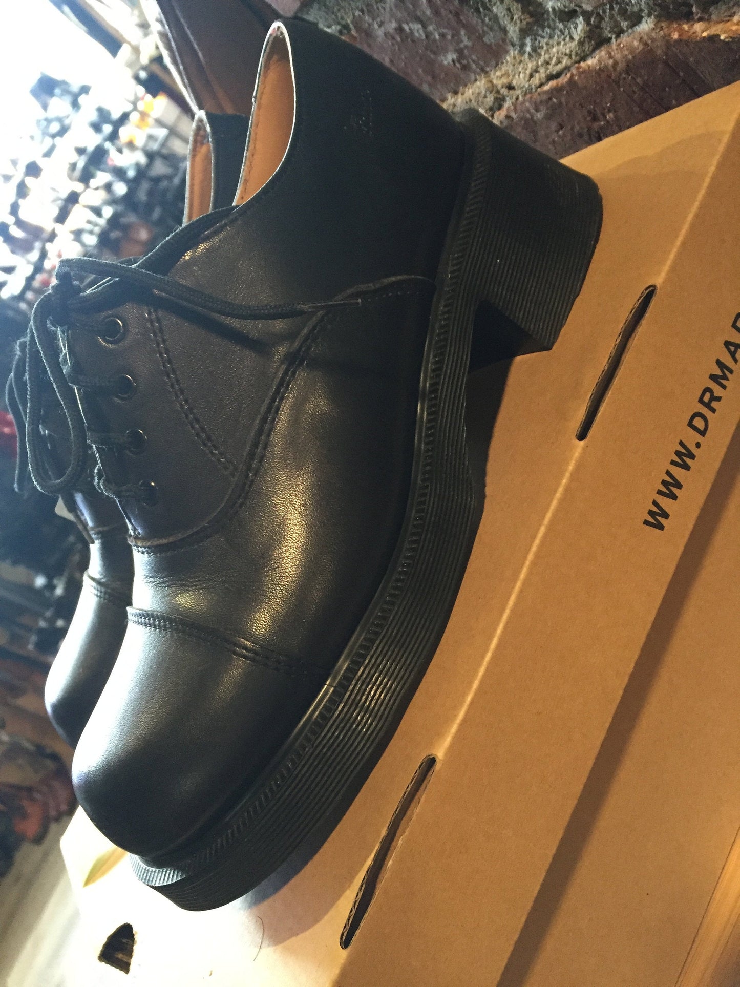 Kingspier Vintage - Brand new, made in UK! Black Doc Martens, heeled 70s style (more dramatic than the modern "Shriver" style.) Top of shoe hits at the ankle.
Size UK 6/ US W 8.5