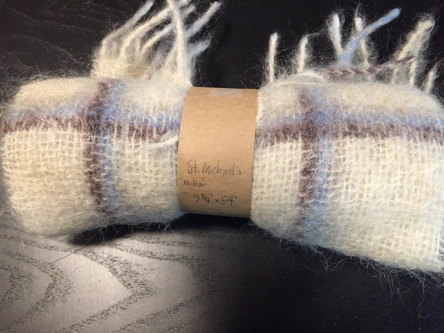 Kingspier Vintage - White, blue, and brown plaid "St. Michaels" mohair scarf, very soft!