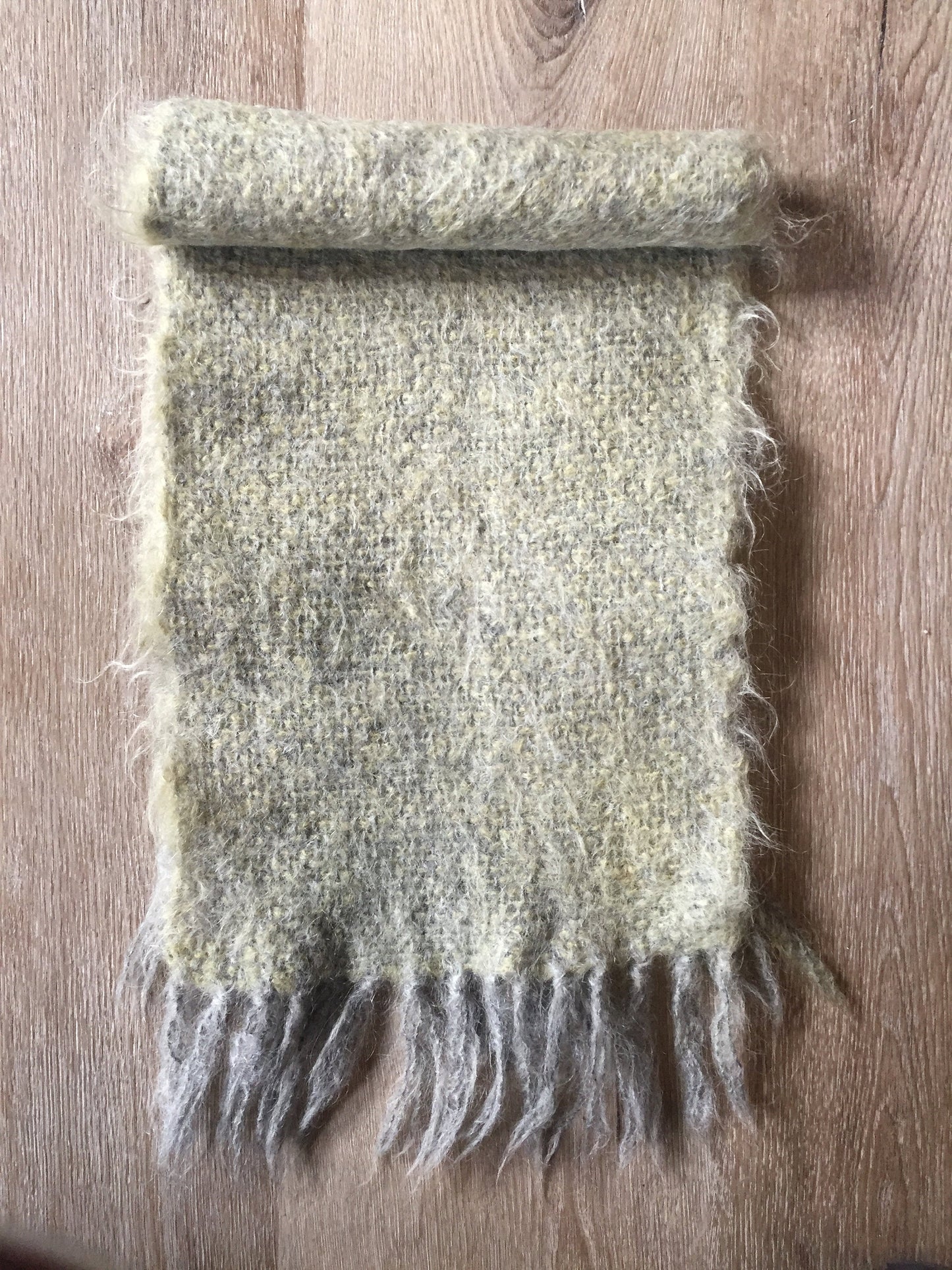 Kingspier Vintage - <p>Handwoven mohair scarf, measures 10x43 inches. Colour is a bit hard to nail down; it's a combination of grey and yellow.</p>