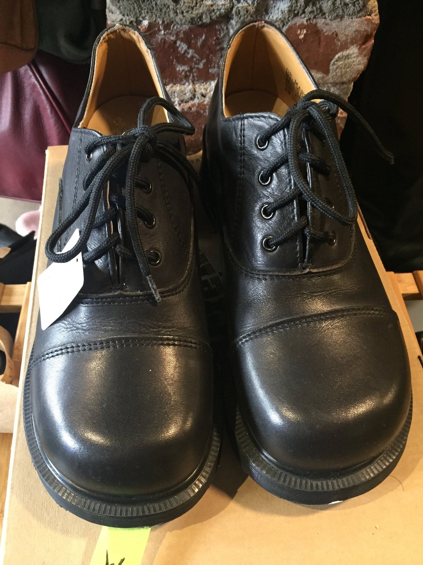 Kingspier Vintage - Brand new, made in UK! Black Doc Martens, heeled 70s style (more dramatic than the modern "Shriver" style.) Top of shoe hits at the ankle.
Size UK 6/ US W 8.5