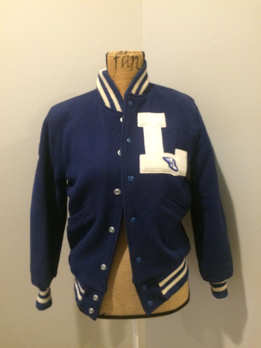 Vintage 1950’s Butwin Blue/White Wool Varsity Jacket “Dartmouth Lakers” (size 34). Made in Canada