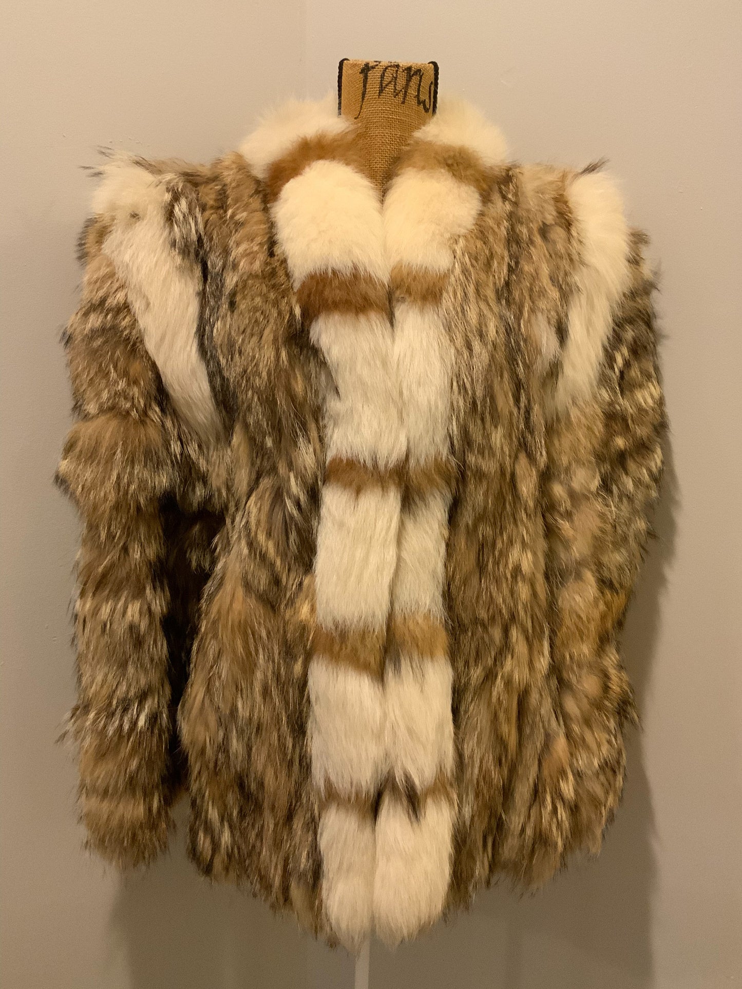 Kingspier Vintage - Light brown with white fur accents (we believe rabbit and fox). "Car coat". Stylized circa 1970's. Made in Greece.