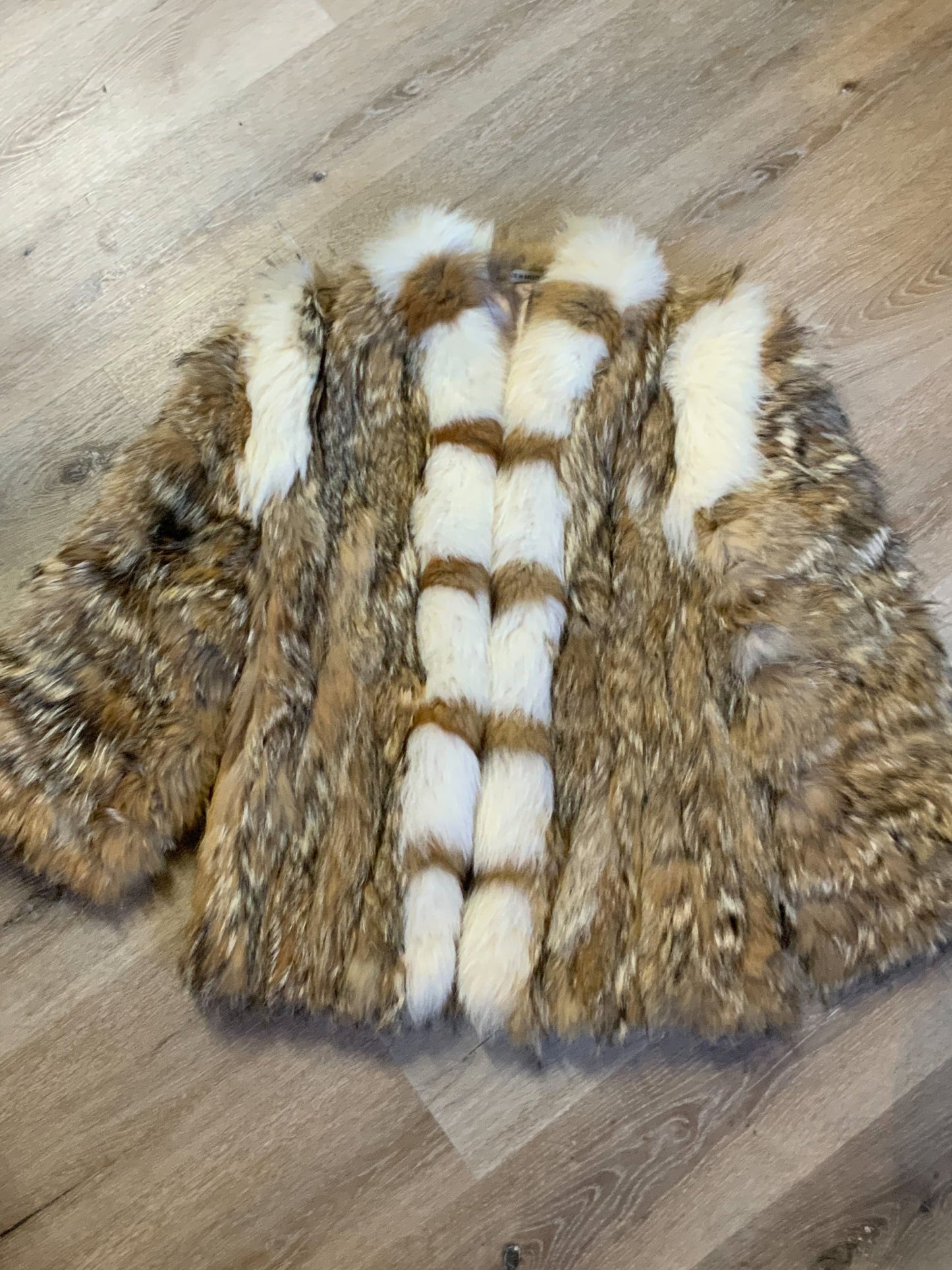 Kingspier Vintage - Light brown with white fur accents (we believe rabbit and fox). "Car coat". Stylized circa 1970's. Made in Greece.