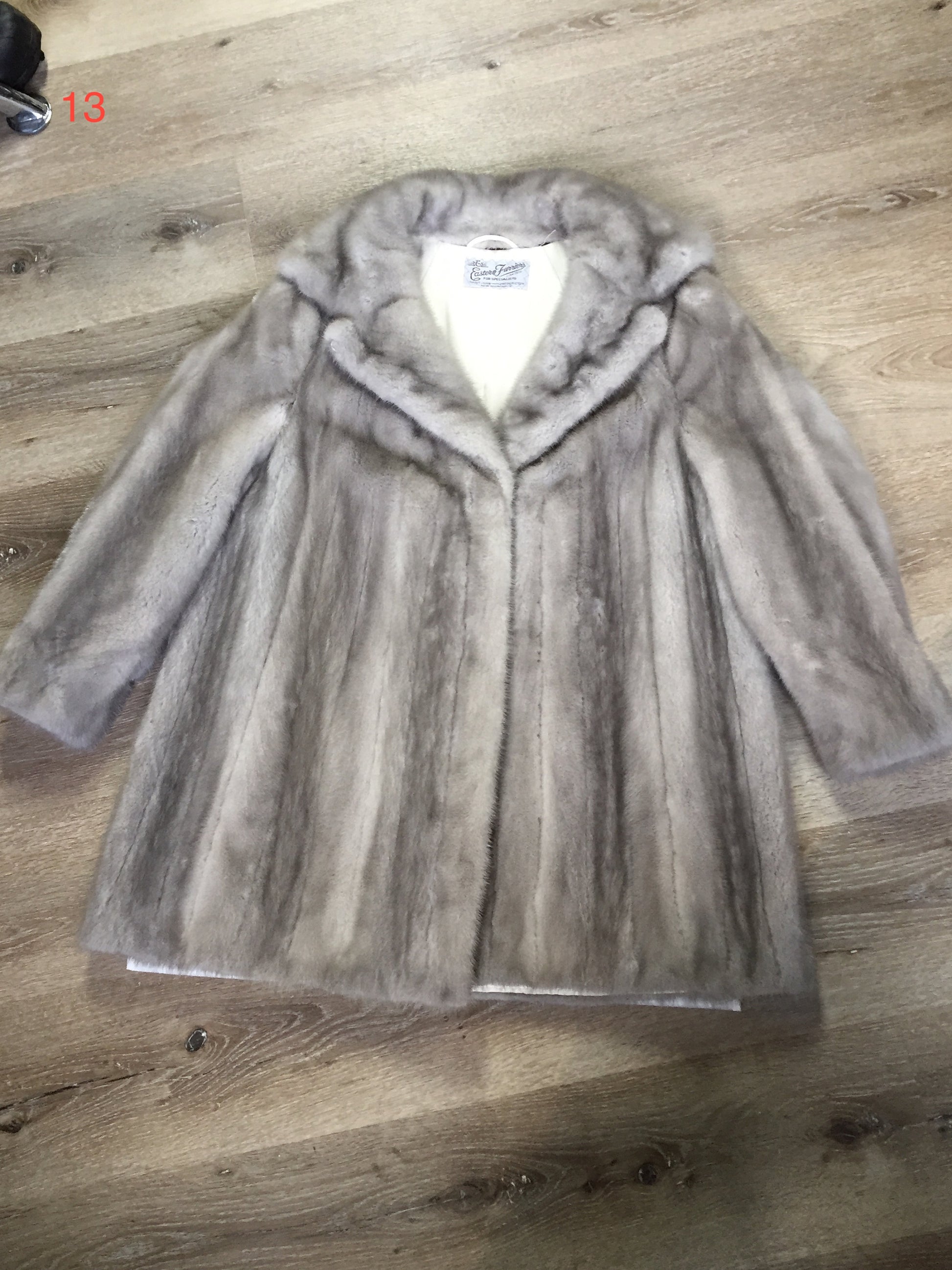 Kingspier Vintage - Eastern Furriers" Silver mink fur coat, Made in Canada. This coat features a white satin lining with inside pocket and embroidered monogram "BFD" and Eastern Furriers label.