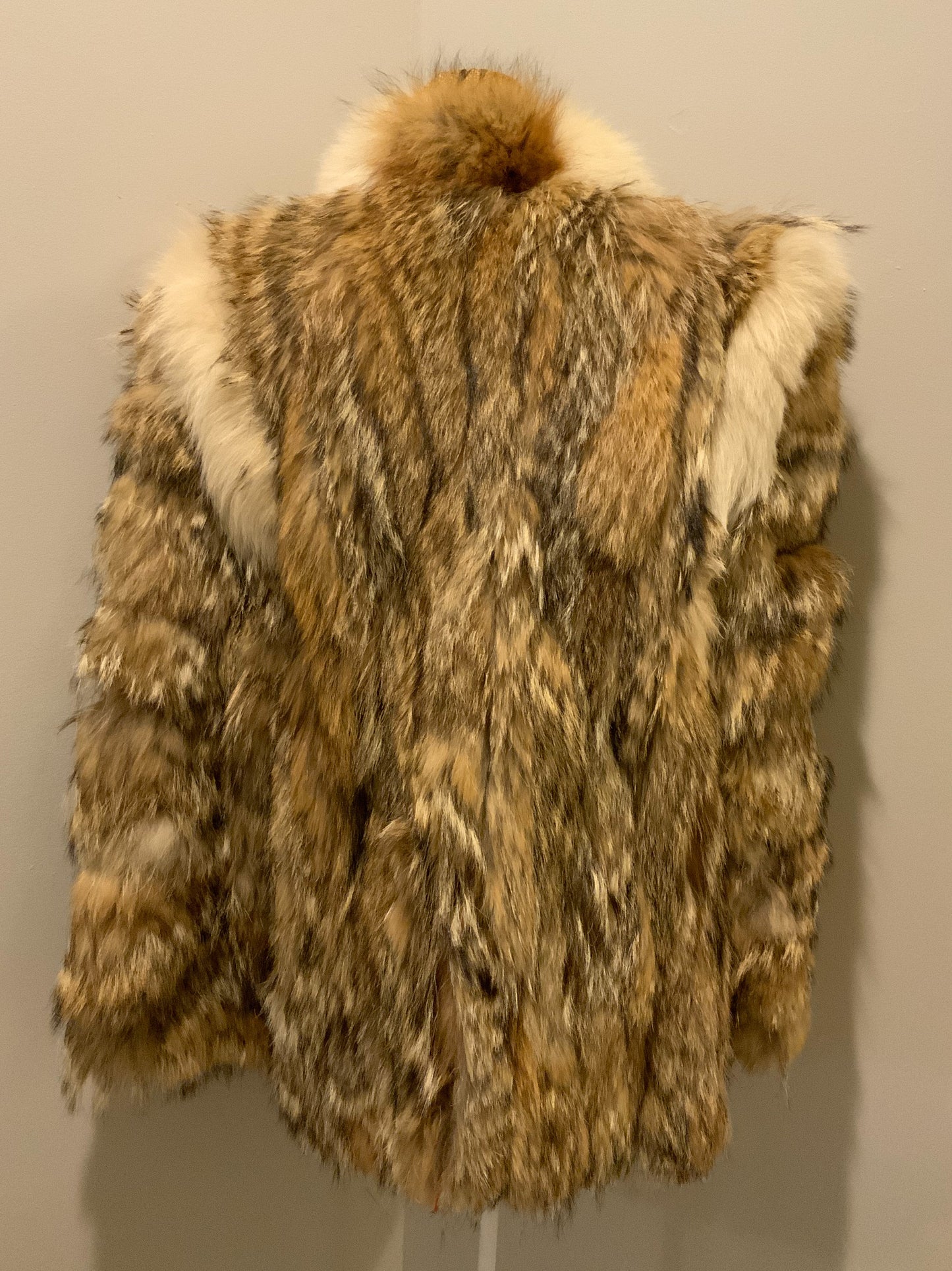 Kingspier Vintage - Light brown with white fur accents (we believe rabbit and fox). "Car coat". Stylized circa 1970's. Made in Greece.
