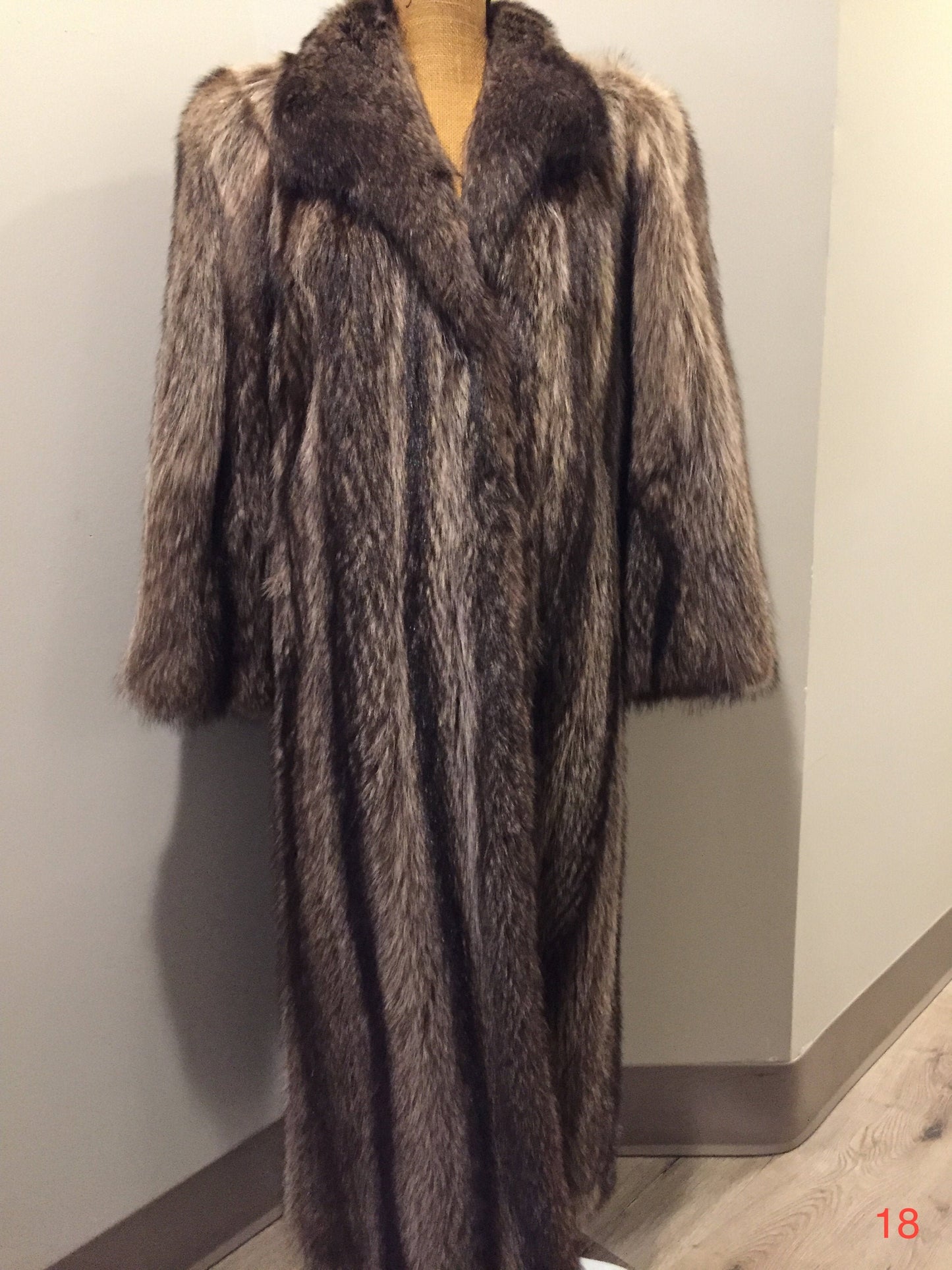 Kingspier Vintage - Vogue Furriers, Styled by Friedman Brothers, full length raccoon coat. Made in Sydney, Nova Scotia, Canada.
