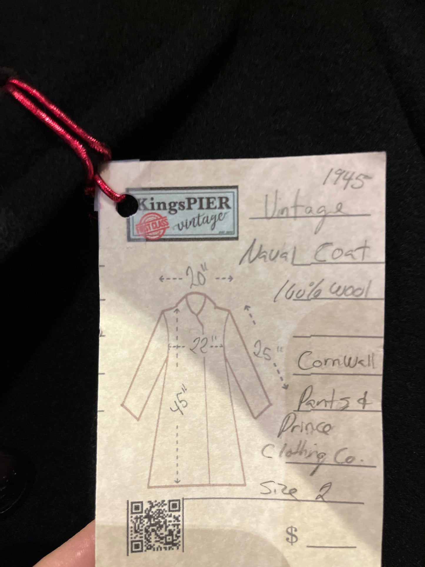 Vintage black 100% wool double breasted long naval uniform coat by Cowell Prince Pants and Clothing Co. with partial lining, two front pockets and two inside pockets.
Size 2, chest 44”