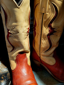 Vintage Frye Red and Cream Cowboy Boots, Made in USA, 7.5W US/ EUR 38
