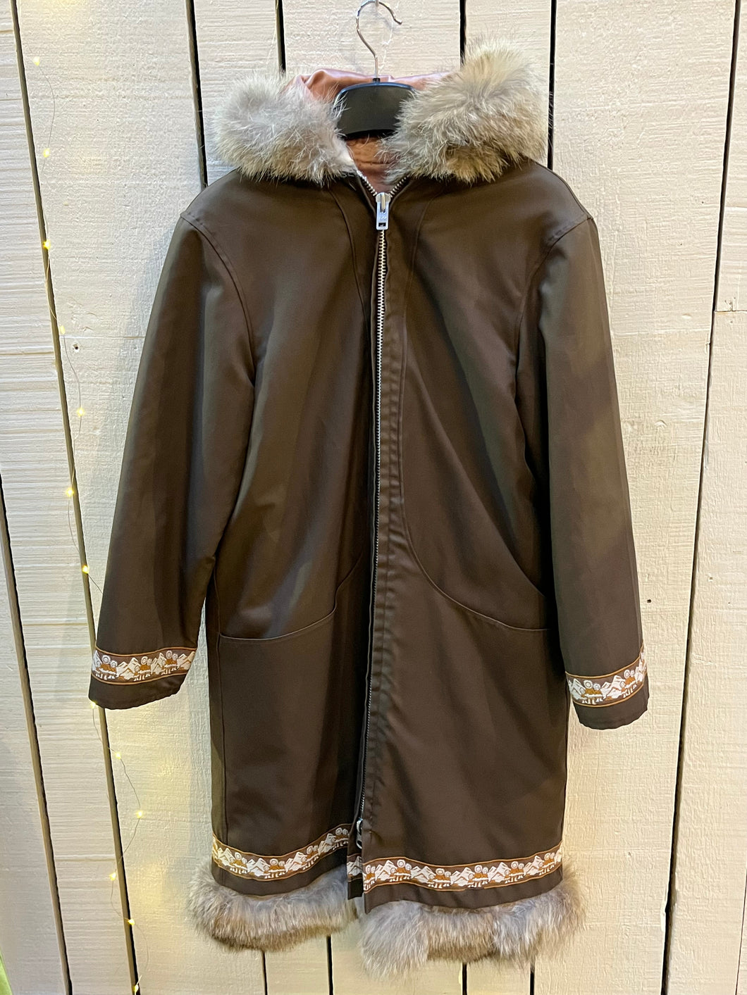 Vintage Brown Wool Northern Parka with Storm Shell and Bird Motif, Made in Canada, Chest 38”