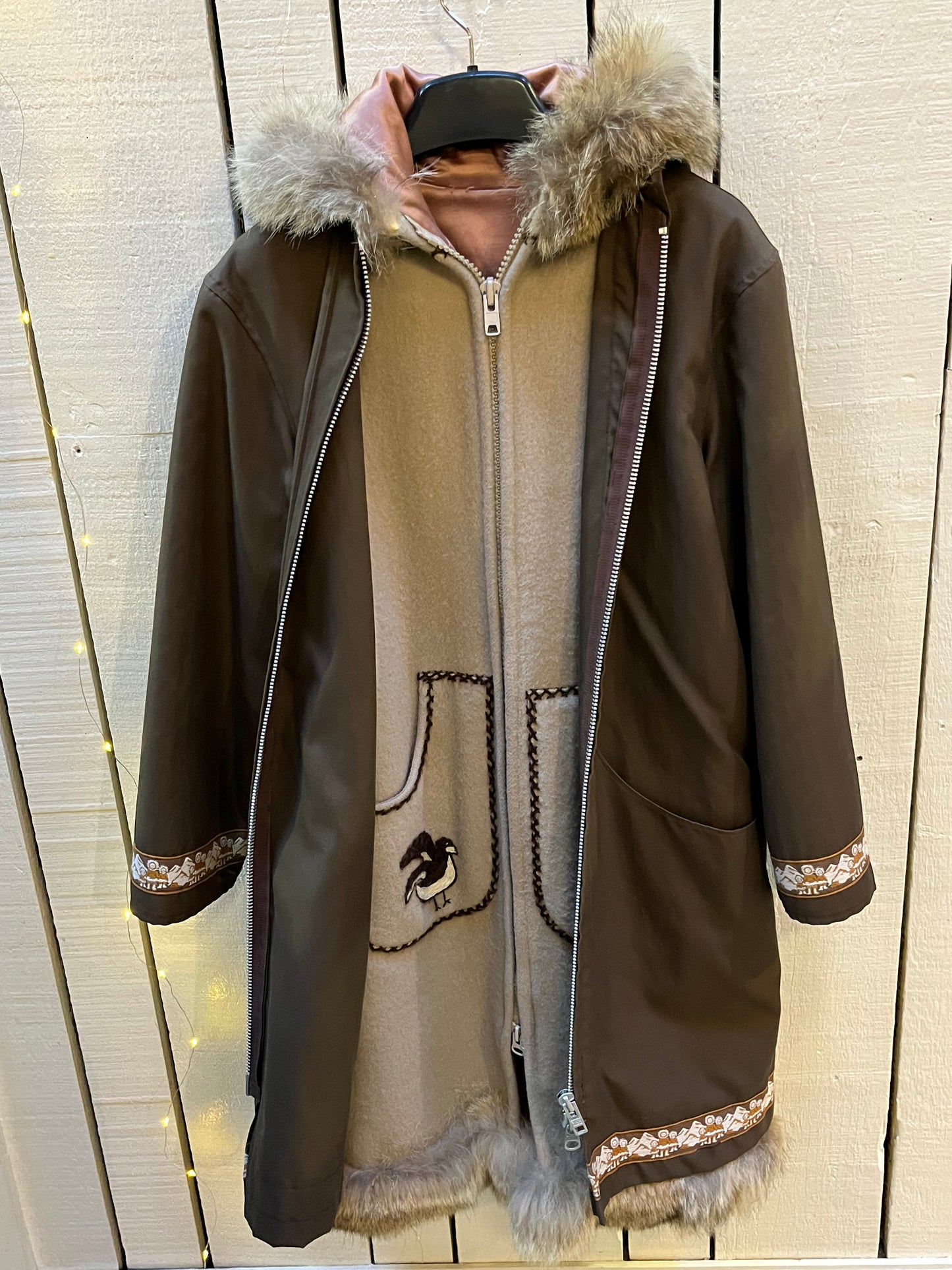 Vintage Brown Wool Northern Parka with Storm Shell and Bird Motif, Made in Canada, Chest 38”