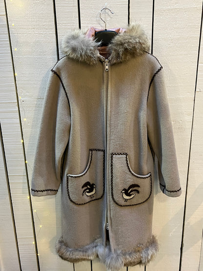 Vintage Brown Wool Northern Parka with Storm Shell and Bird Motif, Made in Canada, Chest 38”