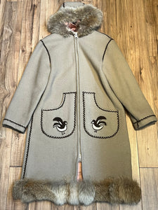 Vintage Brown Wool Northern Parka with Storm Shell and Bird Motif, Made in Canada, Chest 38”