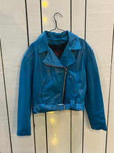 Load image into Gallery viewer, Vintage Fashions by Rose Teal Blue Leather Moto Jacket, Made in USA, Size 12
