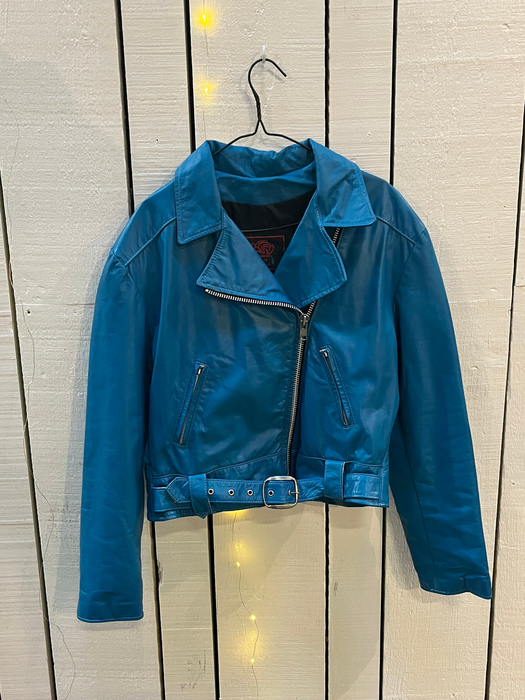 Vintage Fashions by Rose Teal Blue Leather Moto Jacket, Made in USA, Size 12