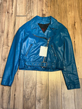 Load image into Gallery viewer, Vintage Fashions by Rose Teal Blue Leather Moto Jacket, Made in USA, Size 12
