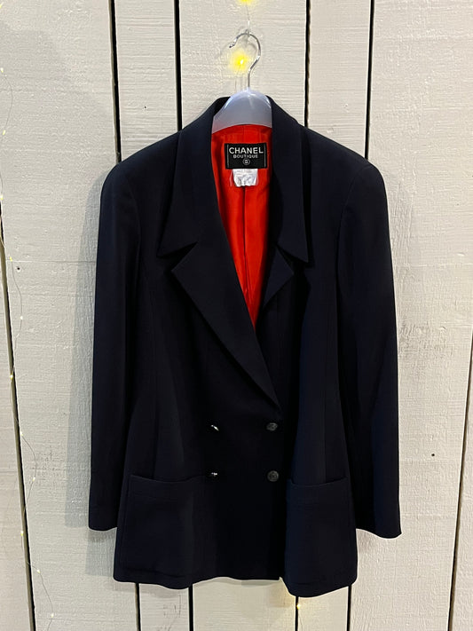 Vintage Chanel Boutique Double Breasted Navy Wool suit jacket, Made in France, Size 44