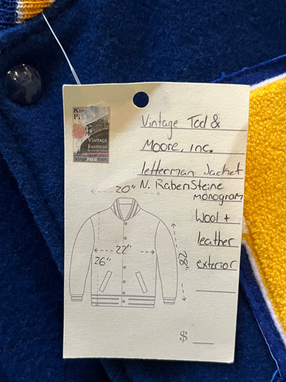 Todd & Moore Inc. Delong Blue and Yellow Wool and Leather Varsity Jacket, Chest 44”