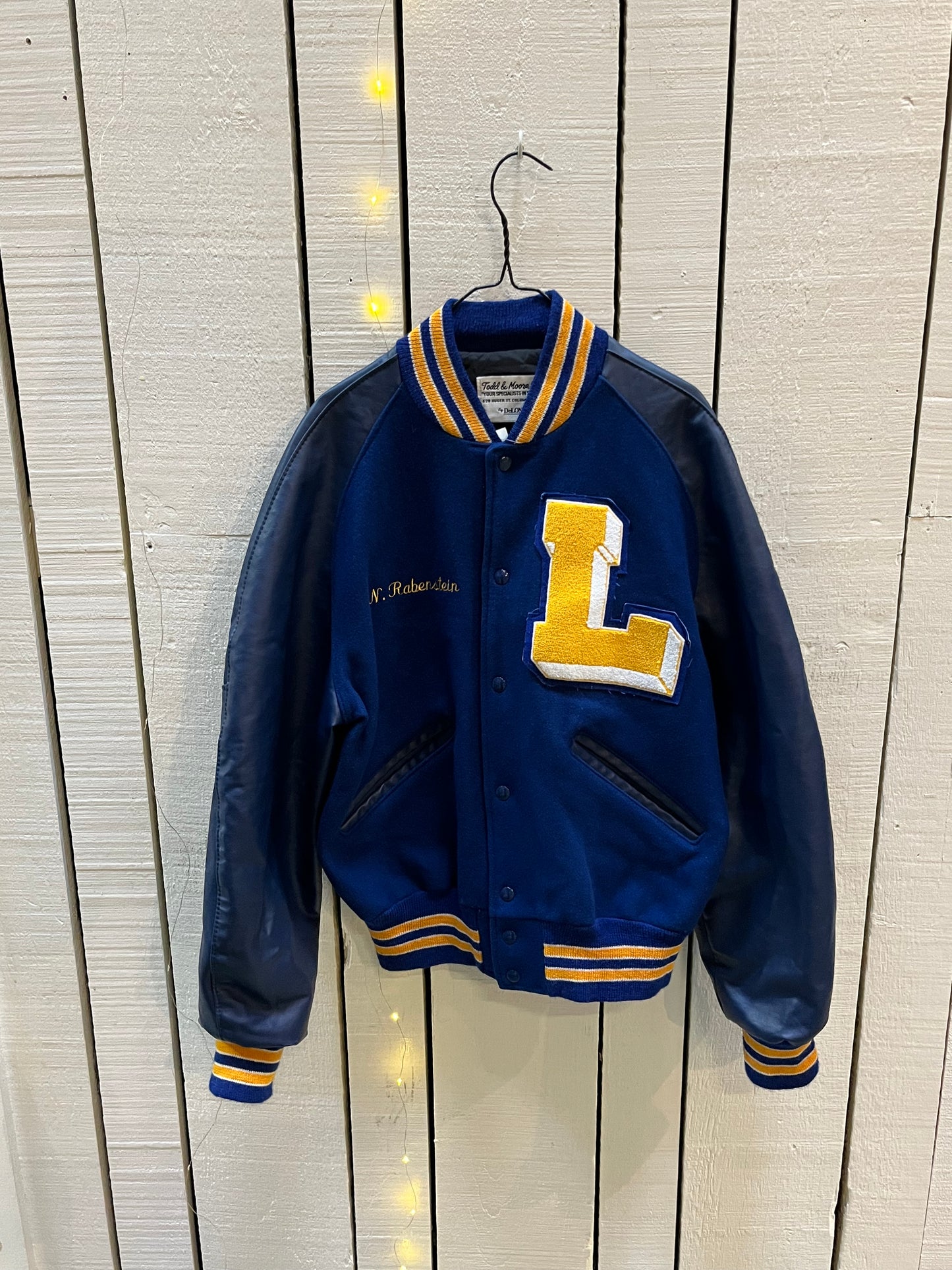 Todd & Moore Inc. Delong Blue and Yellow Wool and Leather Varsity Jacket, Chest 44”