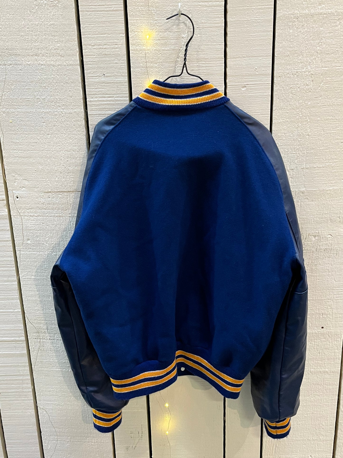 Todd & Moore Inc. Delong Blue and Yellow Wool and Leather Varsity Jacket, Chest 44”