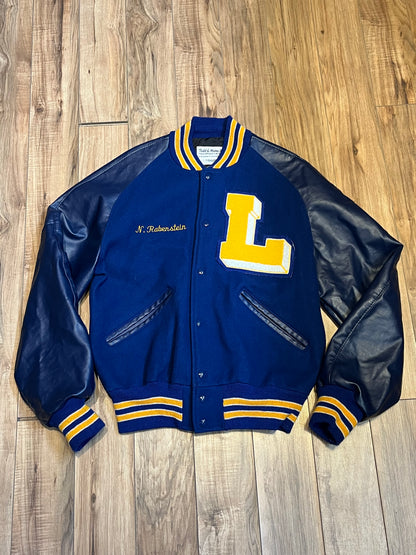 Todd & Moore Inc. Delong Blue and Yellow Wool and Leather Varsity Jacket, Chest 44”