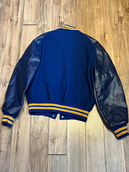 Todd & Moore Inc. Delong Blue and Yellow Wool and Leather Varsity Jacket, Chest 44”