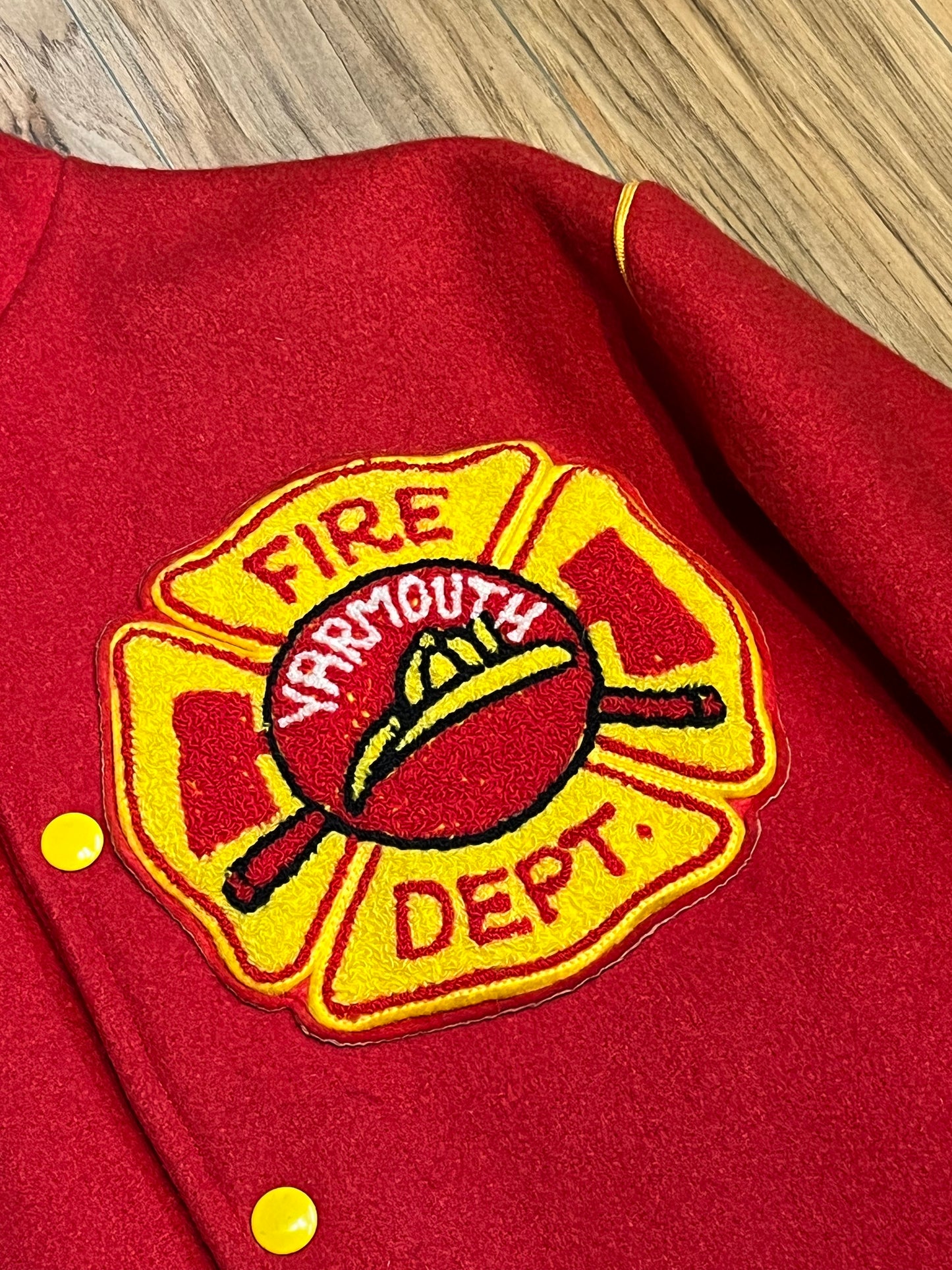 Vintage Yarmouth Fire Department Red Letterman’s Jacket, Made in Canada, Chest 42”