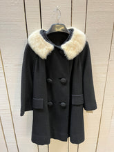 Load image into Gallery viewer, Vintage 60s/70s Black Wool Coat with White Fur Collar, Union Made, Chest 42”
