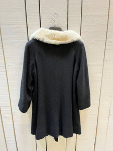 Vintage 60s/70s Black Wool Coat with White Fur Collar, Union Made, Chest 42”