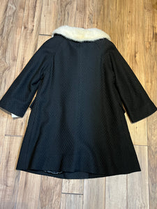 Vintage 60s/70s Black Wool Coat with White Fur Collar, Union Made, Chest 42”