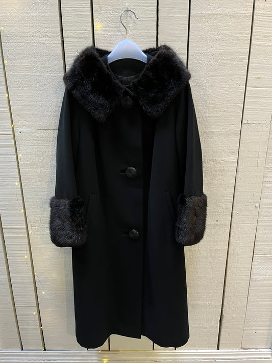 Vintage 1940’s Black Wool Coat with Dark Brown Fur Trim, Chest 44” SOLD