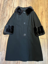 Load image into Gallery viewer, Vintage 1940’s Black Wool Coat with Dark Brown Fur Trim, Chest 44” SOLD
