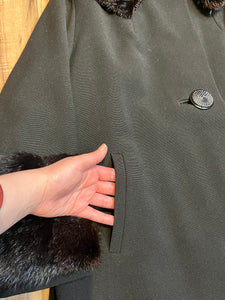 Vintage 1940’s Black Wool Coat with Dark Brown Fur Trim, Chest 44” SOLD