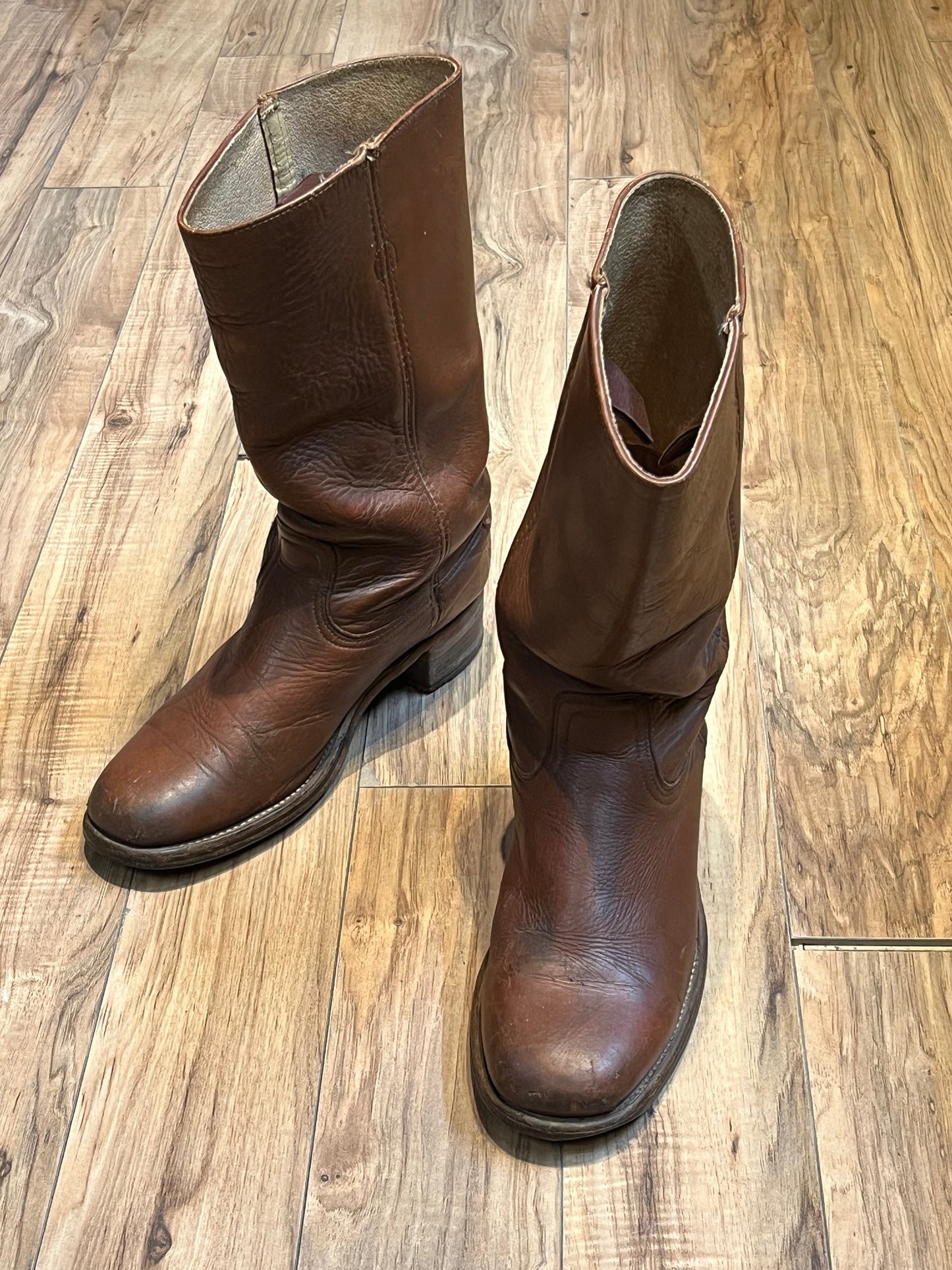 Vintage Frye Cognac Square Toe Boot, Made in USA, Size US Mens 10 ½, EUR 43 1/2