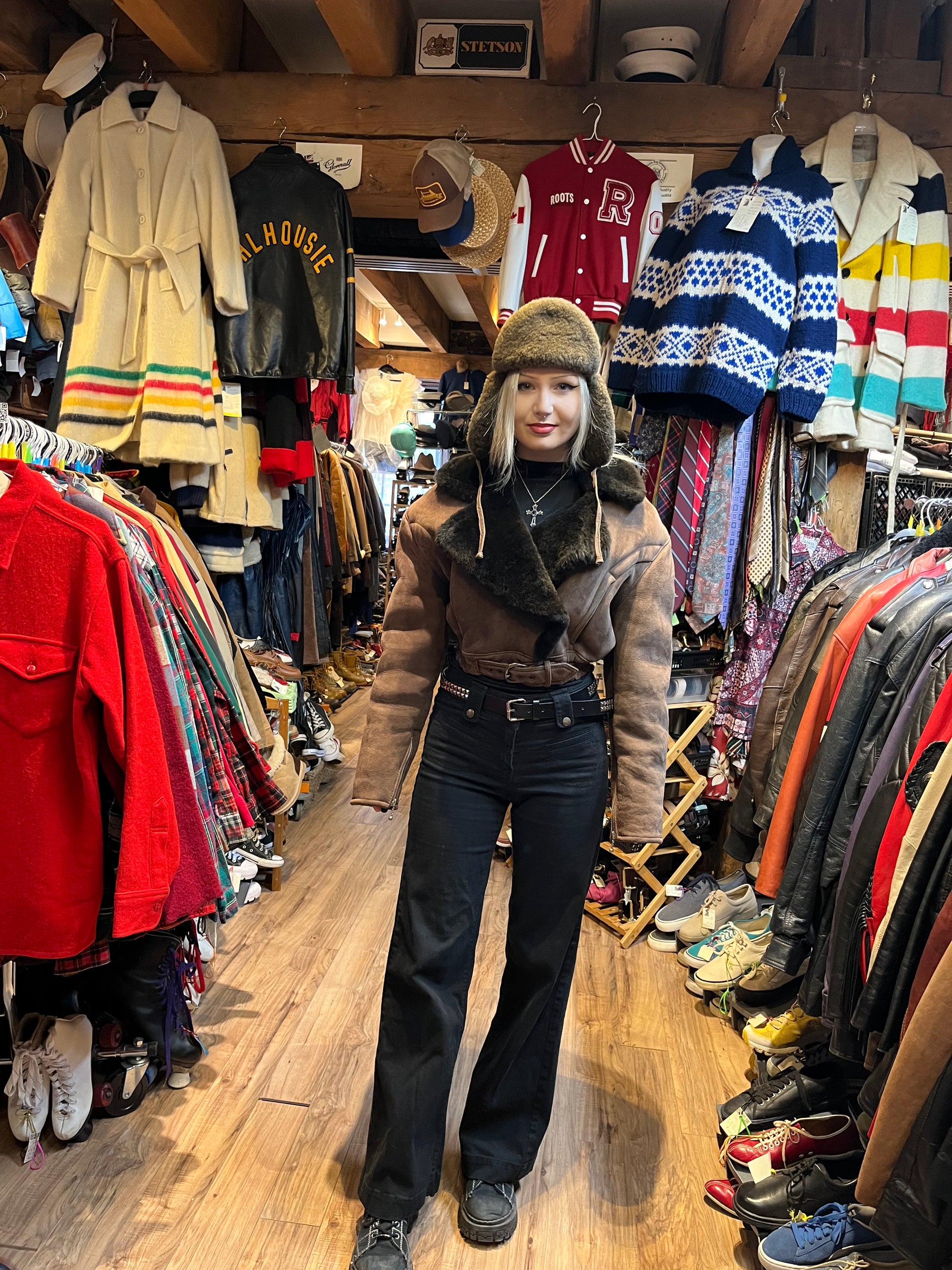 Vintage O'Ned Brown Shearling Cropped Flight Jacket, Made in