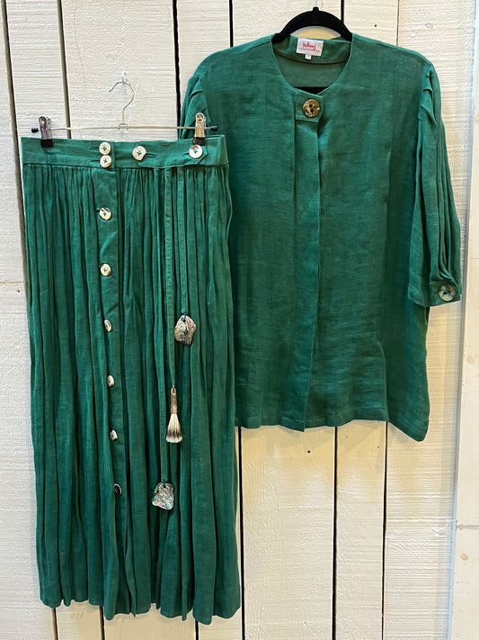 Very Rare Vintage Mothwurf Couture Green Linen 2pc Ensemble, Made in Austria, Size 42