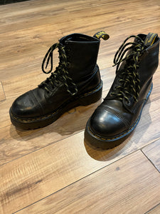 Vintage Doc Martens Black 8 Eyelet Cap Toe Bex Platform Boot, Made in England, Size UK 8, EUR 42, US Men’s 9, Women’s 10