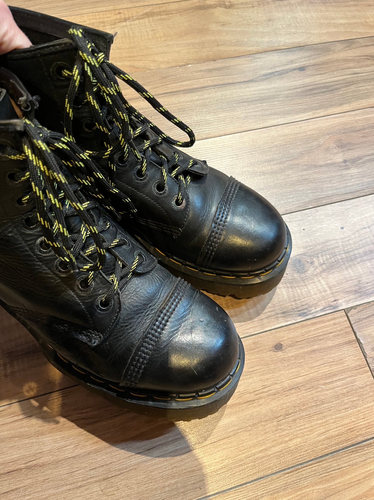 Vintage Doc Martens Black 8 Eyelet Cap Toe Bex Platform Boot, Made in England, Size UK 8, EUR 42, US Men’s 9, Women’s 10