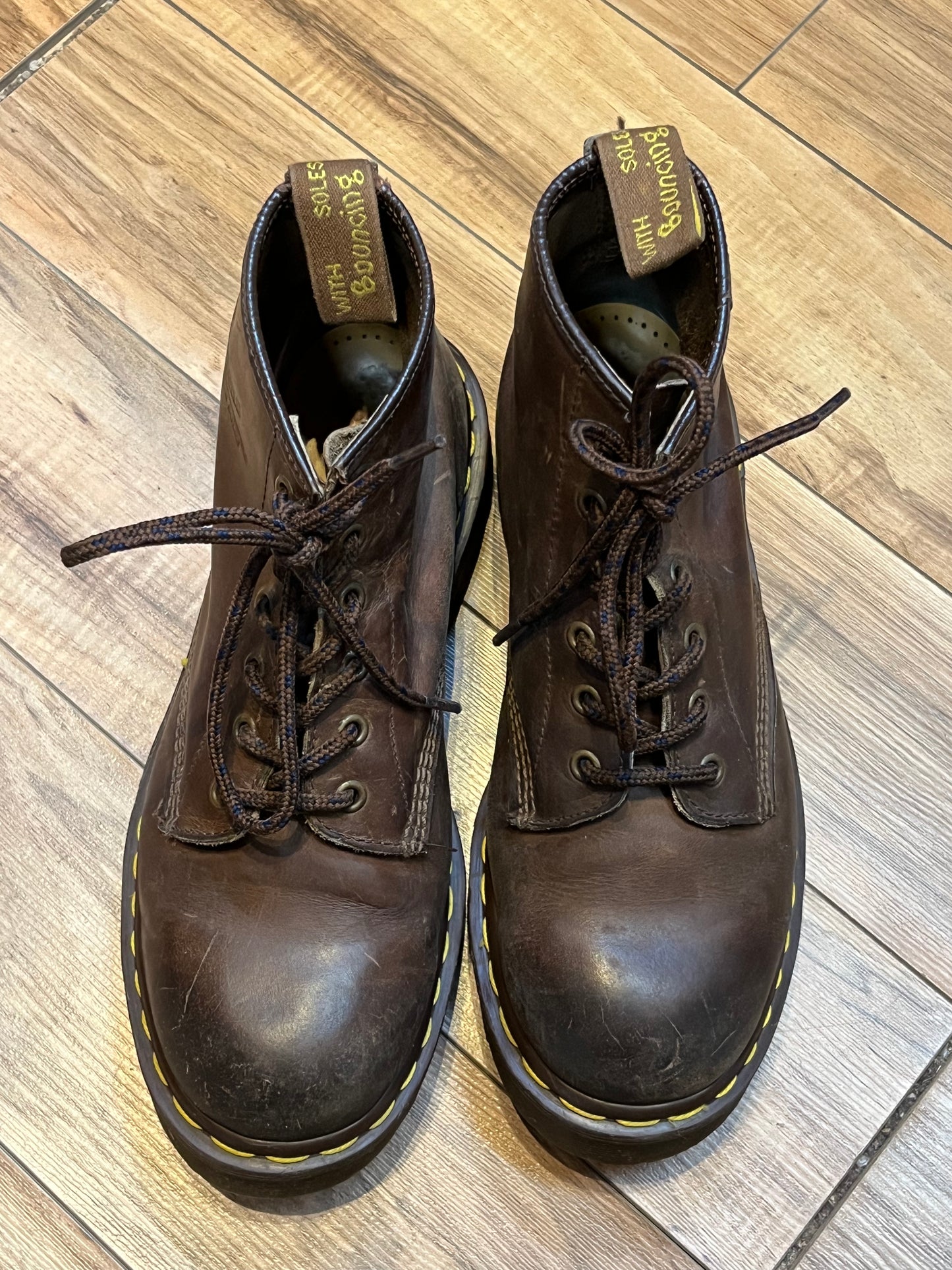 Vintage Doc Martens Brown 6 Eyelet Leather Boots, Made in England, Size UK 7, US Men’s 8, Women’s 9