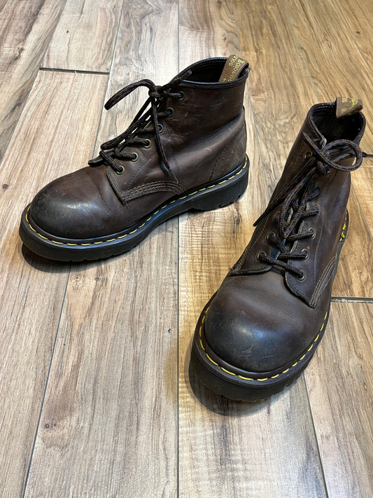 Vintage Doc Martens Brown 6 Eyelet Leather Boots, Made in England, Size UK 7, US Men’s 8, Women’s 9