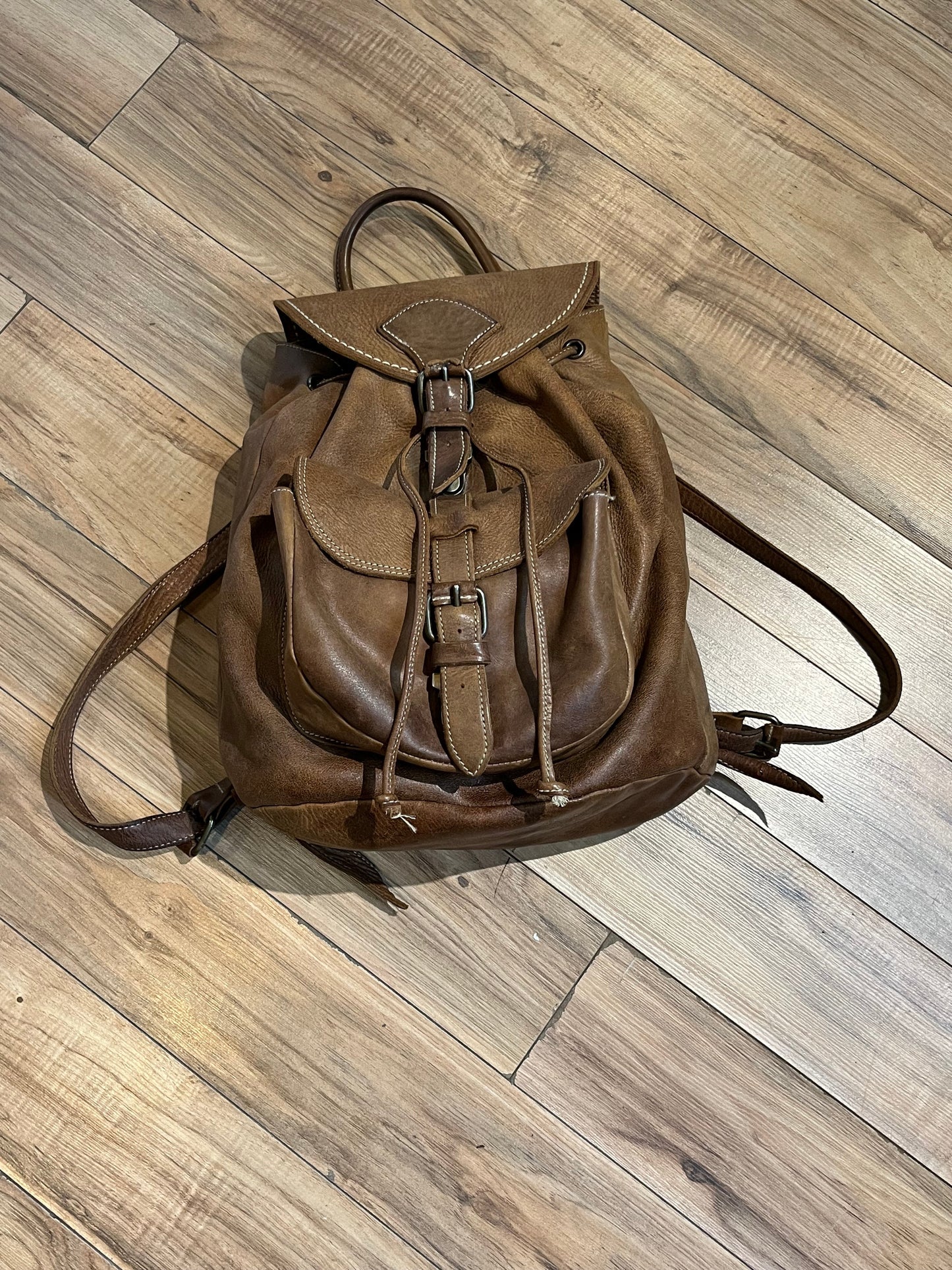 Vintage Roots Tribal Leather Brown Knapsack, Made in Canada