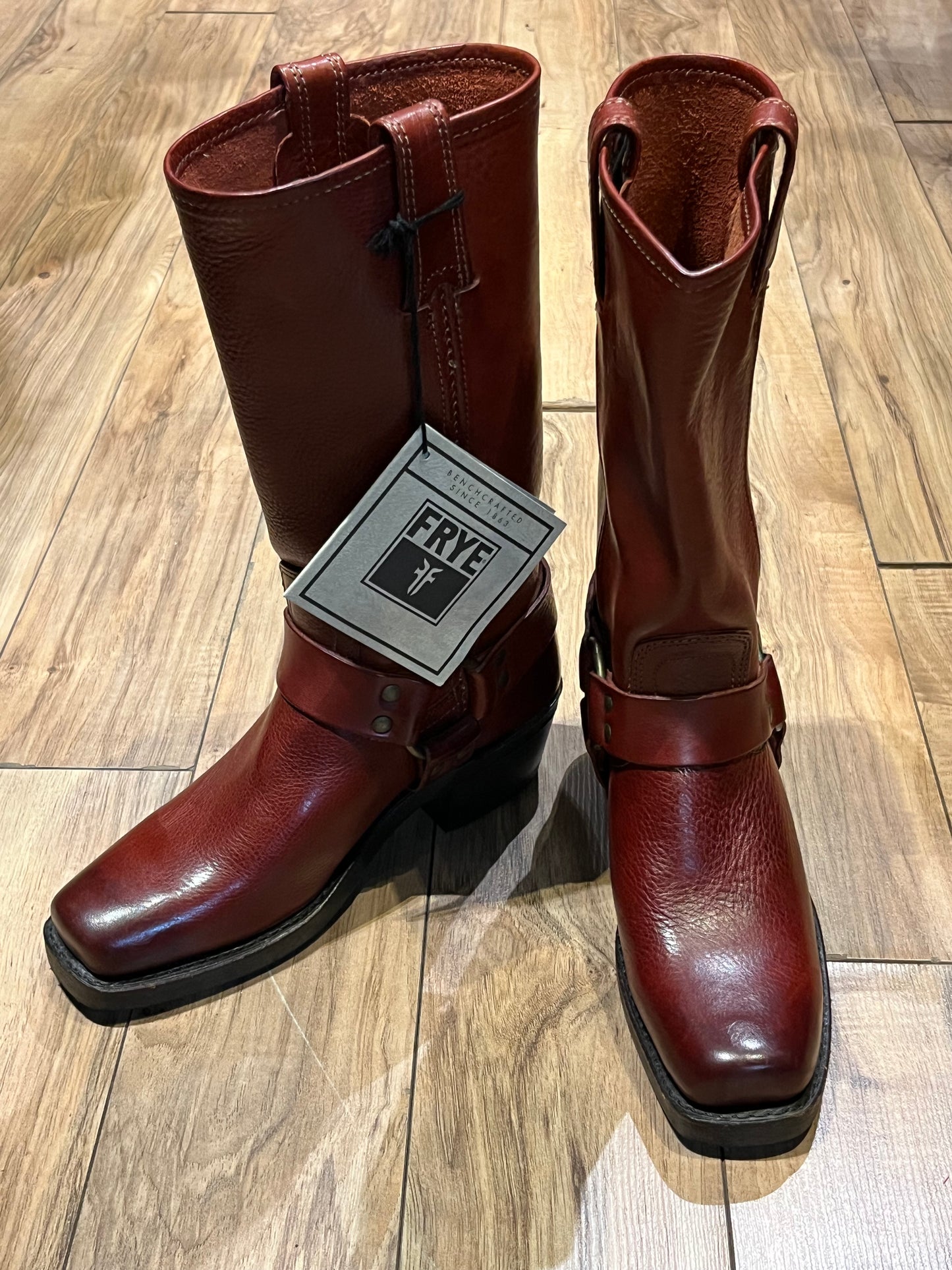 Frye 12R Harness boots in cognac colour with chisel toe, full grain leather upper and synthetic soles.  New with tags Made in USA  Size 6 US Women, Medium width