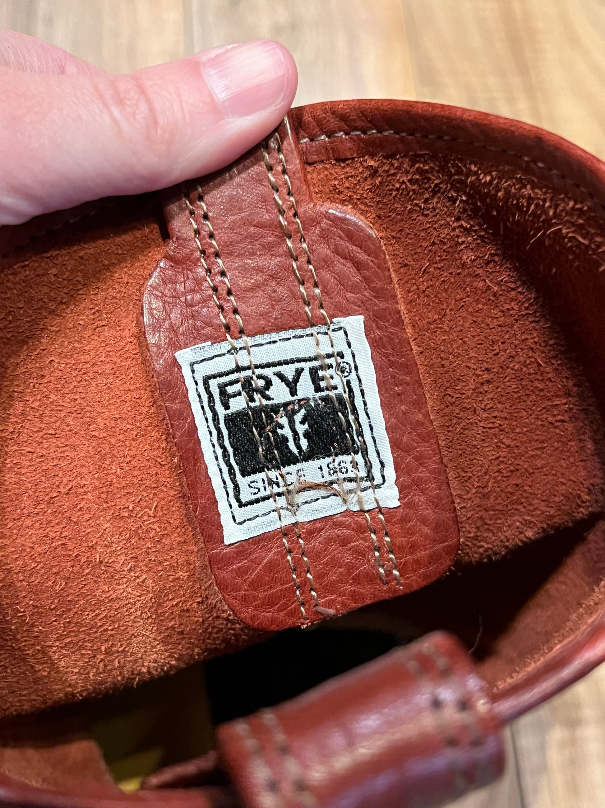 Frye 12R Harness boots in cognac colour with chisel toe, full grain leather upper and synthetic soles.  New with tags Made in USA  Size 6 US Women, Medium width