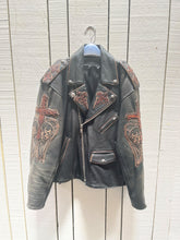 Load image into Gallery viewer, Vintage Bootmaster Skull and Gator Black Leather Motorcycle Jacket, Made in Mexico, Size Large SOLD

