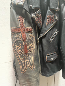 Vintage Bootmaster Skull and Gator Black Leather Motorcycle Jacket, Made in Mexico, Size Large SOLD