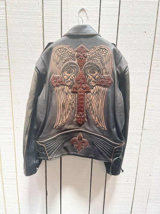 Vintage Bootmaster Skull and Gator Black Leather Motorcycle Jacket, Made in Mexico, Size Large SOLD