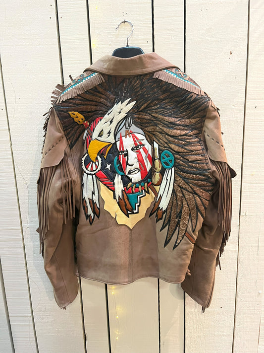 Vintage Volcano Nubuck Leather Light Brown Fringe Motorcycle Jacket, Made in Mexico, Size XL SOLD