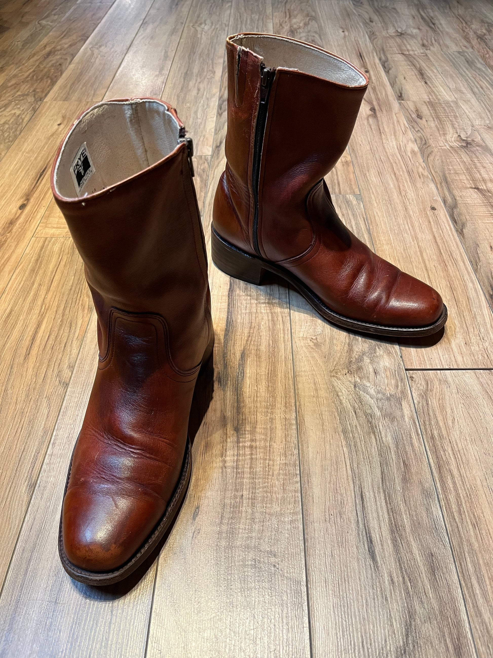 Vintage Frye Cognac Zip Boots, Made in USA, Size US Mens 11D